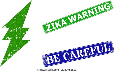 Icono de la electricidad verde y sello de advertencia del Zika no limpio del rectángulo. Aviso de Zika verde vectorial y azul Tengan cuidado con texturas de caucho no limpias,