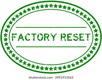 Grunge green factory reset word oval rubber seal stamp on white background