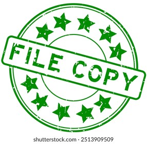 Grunge green file copy word with star icon round rubber seal stamp on white background