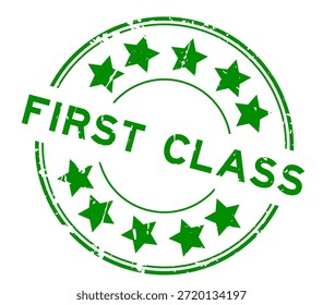 Grunge verde de primera clase palabra con icono de estrella sello de goma redondo sobre fondo blanco