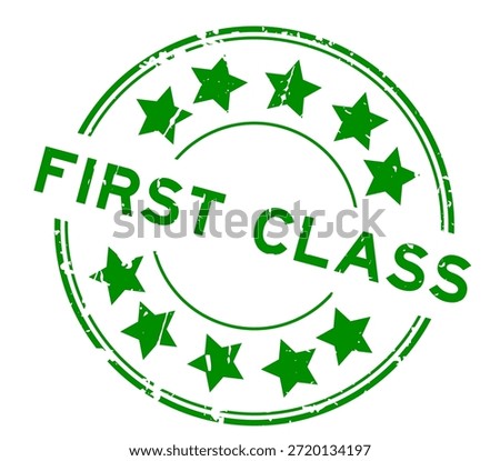 Grunge green first class word with star icon round rubber seal stamp on white background