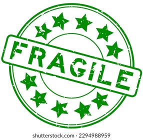 Grunge green fragile word with star icon round rubber seal stamp on white background