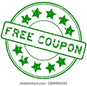 Grunge green free coupon word with star icon round rubber seal stamp on white background