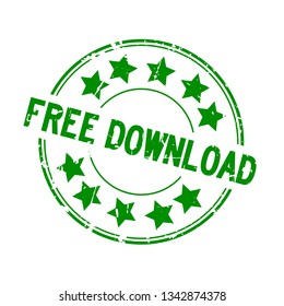 Grunge green free download word with star icon round rubber seal stamp on white background