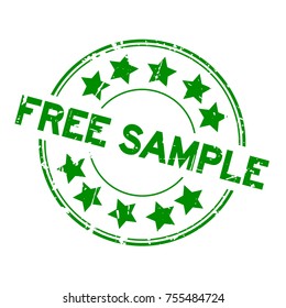 Grunge green free sample with star icon round rubber seal stamp on white background