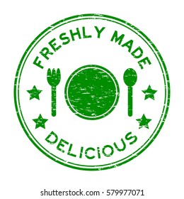 Grunge green freshly made delicious with plate, spoon, fork icon round rubber stamp