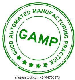 Grunge green GAMP Good Automated Manufacturing Practice word round rubber seal stamp on white background