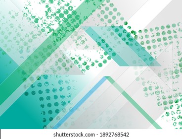 Grunge green and grey tech abstract background geometric stripes. Vector halftones design