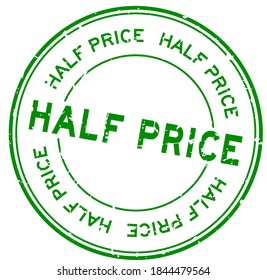 Grunge green half price word round rubber seal stamp on white background