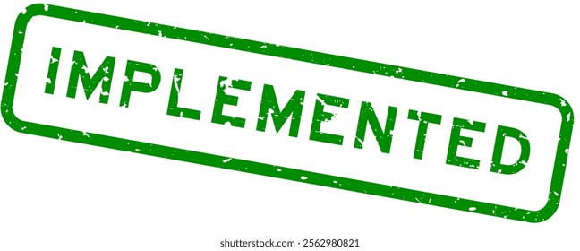 Grunge green implemented word square rubber seal stamp on white background