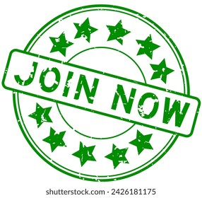 Grunge green join now word with star icon round rubber seal stamp on white background