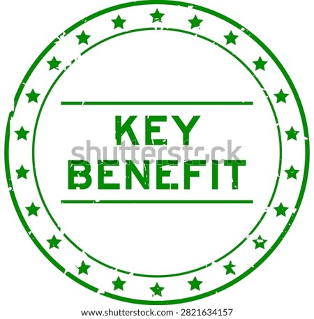 Grunge green key benefit word round seal stamp on white background