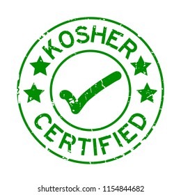 Grunge green kosher certified word with mark icon round rubber seal stamp on white background