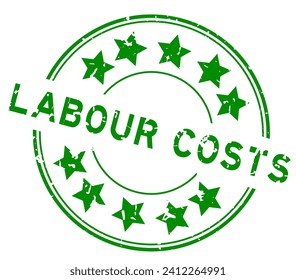 Grunge green labour costs word with star icon round rubber seal stamp on white background