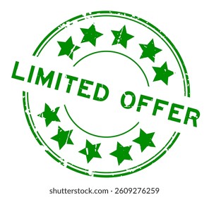 Grunge green limited offer word with star icon round rubber seal stamp on white background