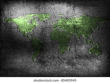 Grunge green map on old wall