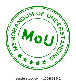 Grunge green MOU (abbreviation of memorandum of understanding) word round rubber seal stamp on white background