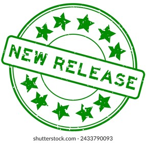 Grunge green new release word with star icon round rubber seal stamp on white background