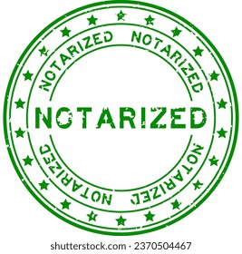 Grunge green notarized word with star icon round rubber seal stamp on white background