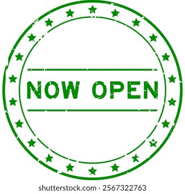 Grunge green now open word round rubber seal stamp on white background