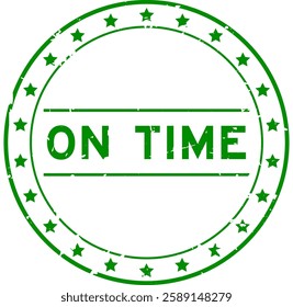 Grunge green on time word round rubber seal stamp on white background