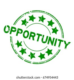 Grunge green opportunity with star icon round rubber stamp on white background