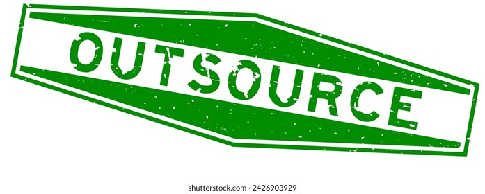 Grunge green outsource word hexagon rubber seal stamp on white background