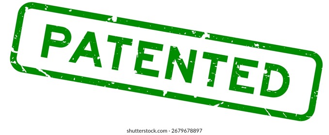 Grunge green patented word square rubber seal stamp on white background