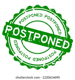 Grunge green postponed word round rubber seal stamp on white background
