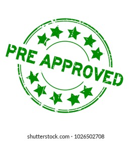 Grunge Green Pre Approved With Star Icon Round Rubber Seal Stamp On White Background