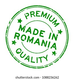 Grunge green premium quality made in Romania round rubber seal stamp on white background