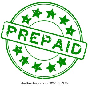 Grunge green prepaid word with star icon round rubber seal stamp on white background