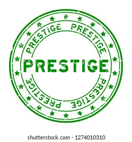 Grunge green prestige word with star icon round rubber seal stamp on white background