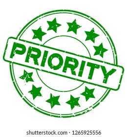 Grunge green priority wording round rubber seal stamp on white background