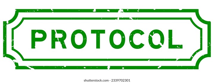 Grunge green protocol word rubber seal stamp on white background