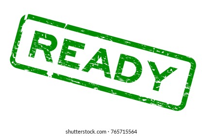 Grunge green ready square rubber seal stamp on white background