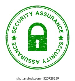 Grunge green security assurance with lock icon round rubber stamp
