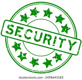 Grunge green security word with star icon round rubber seal stamp on white background