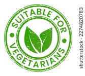 Grunge Green Suitable for Vegetarians stamp sticker with Leaves icon vector illustration