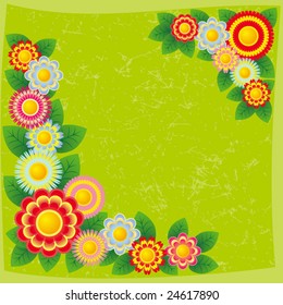 Grunge green summer background with bright flowers.
