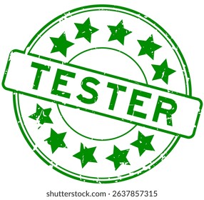 Grunge green tester word with star icon round rubber seal stamp on white background