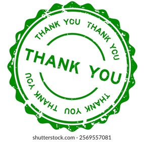 Grunge green thank you word round rubber seal stamp on white background