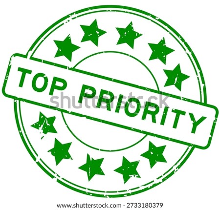 Grunge green top priority word round rubber seal stamp on white background
