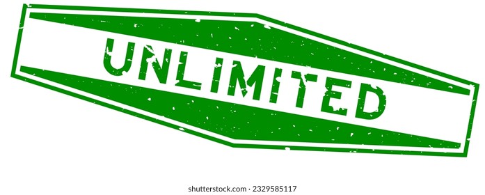 Grunge green unlimited word hexagon rubber seal stamp on white background