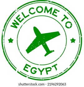 Grunge Green Welcome To Egypt Word With Airplane Icon Round Rubber Seal Stamp On White Background