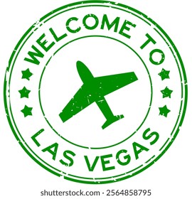 Grunge green welcome to las vegas with airplane icon round rubber seal stamp on white background