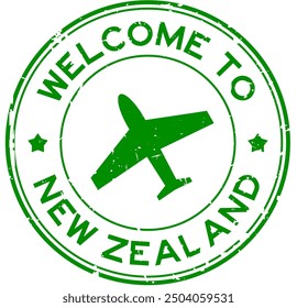 Grunge green welcome to new zealand with airplane icon round rubber seal stamp on white background