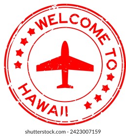 Grunge la bienvenida verde al hawaii de palabra con sello de sello de goma redondo de icono de avión sobre fondo blanco