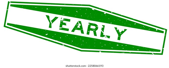 Grunge green yearly word hexagon rubber seal stamp on white background