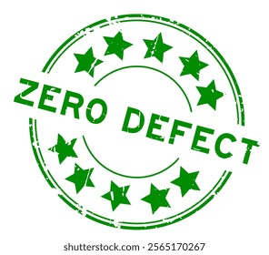 Grunge green zero defect word with star icon round rubber seal stamp on white background